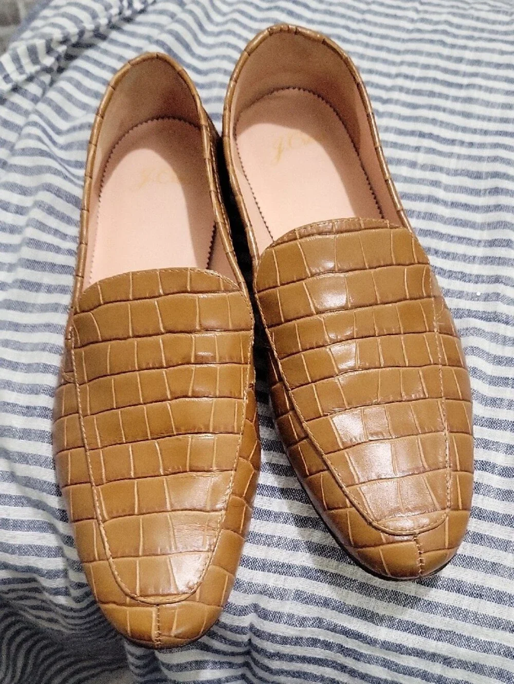J. Crew Cecile Smoking Slipper Loafer Tan croc-embossed Womens Sz 7AQ740
